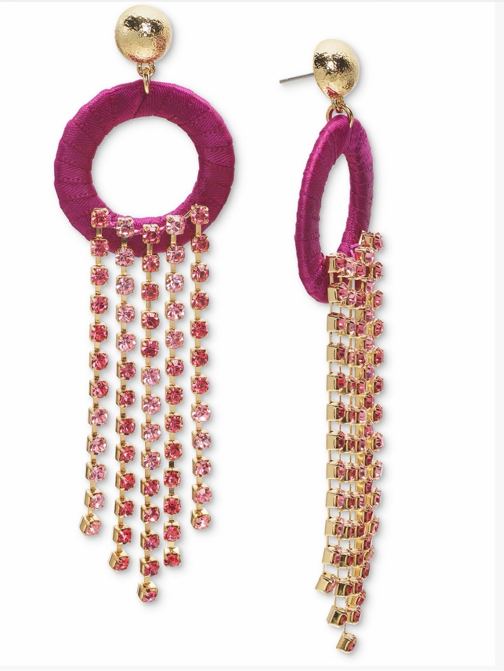 INC International Concepts Gold and Fuchsia Crystal Fringe Hoop Earrings